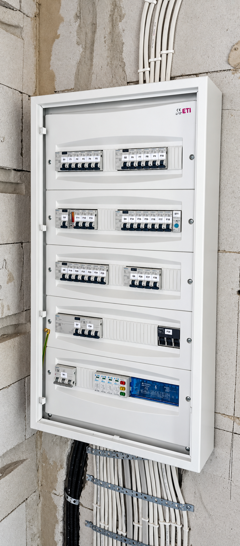 Rozdzielnica elektryczna ETI wyposażona w aparaturę modułową i zabezpieczenia obwodów