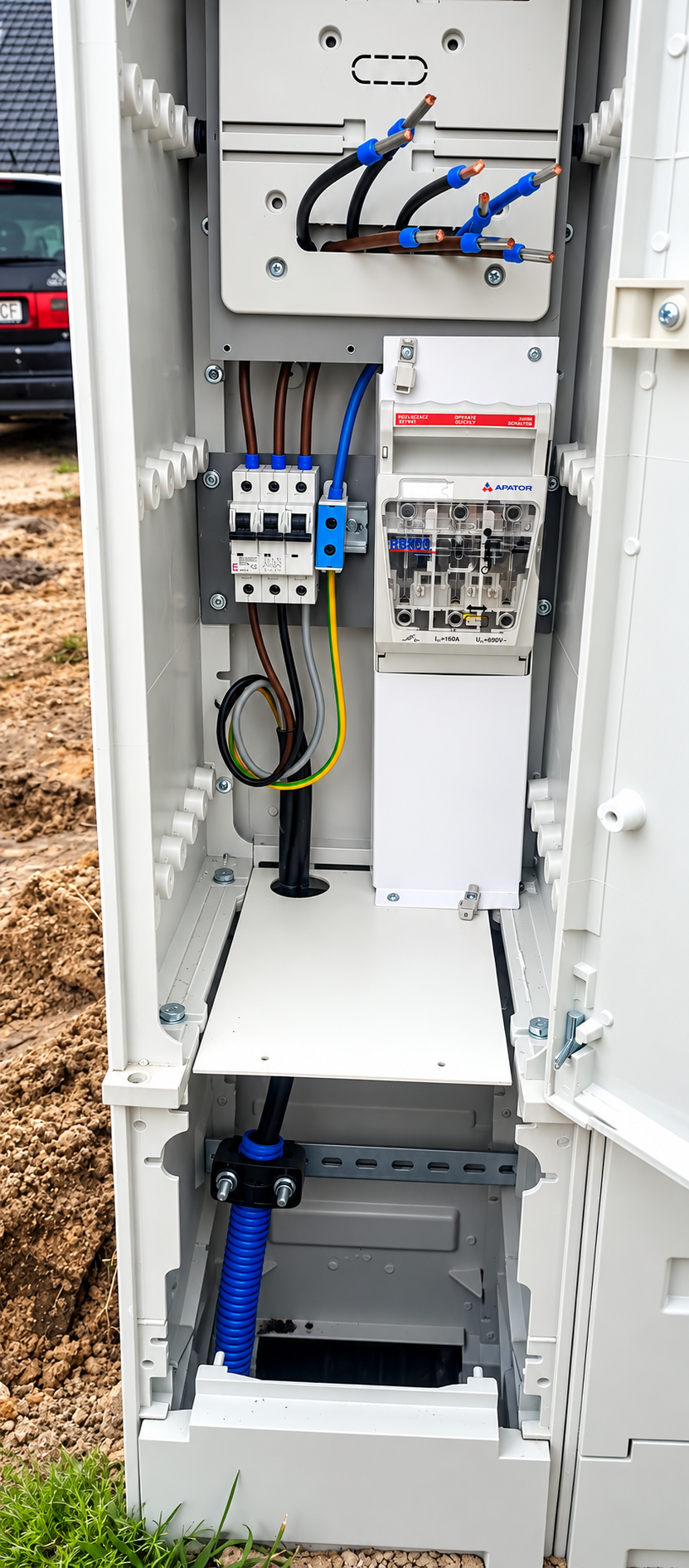 Złącze elektryczne Apator z aparaturą i przewodami zasilającymi budynek
