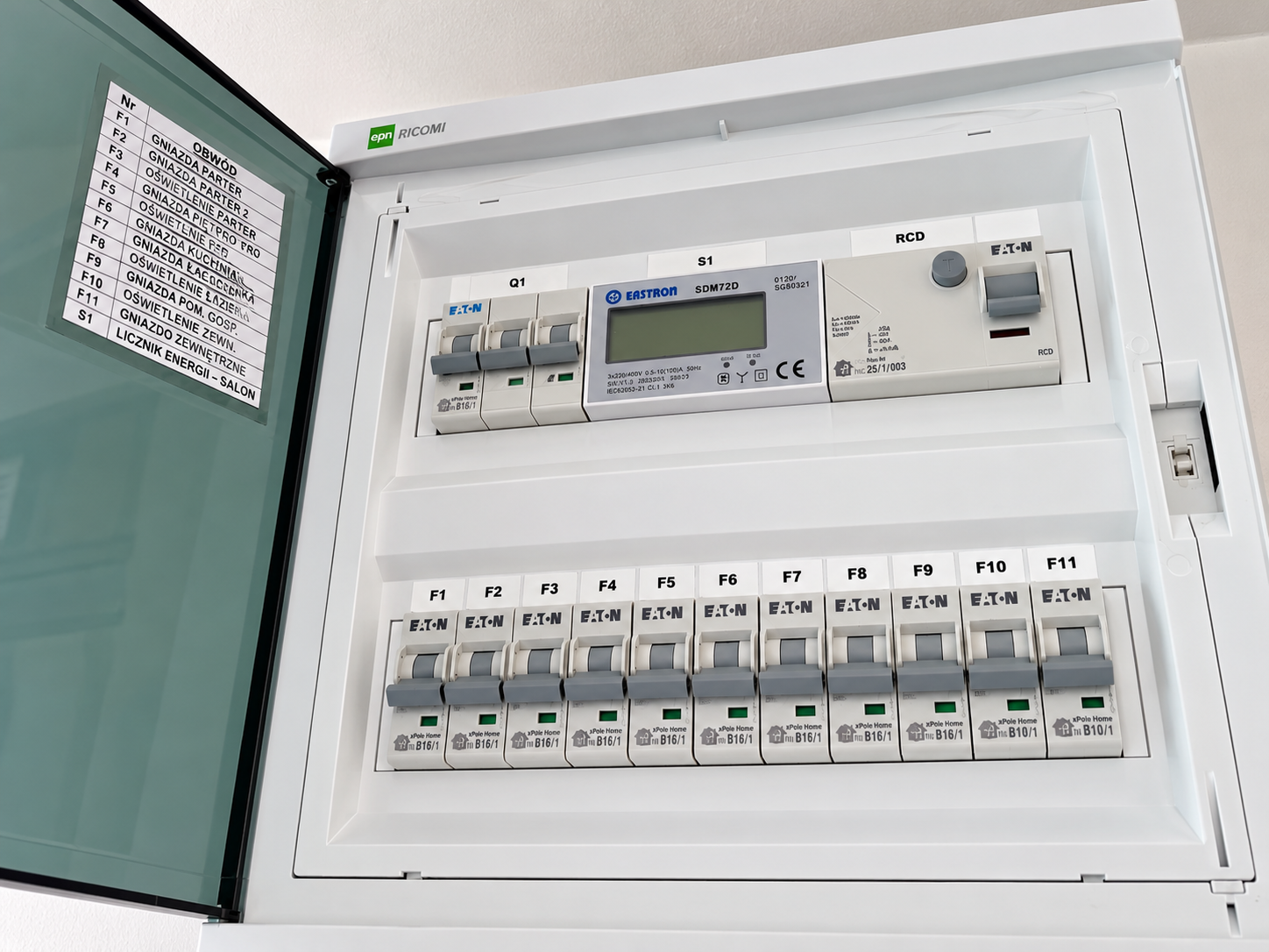 Rozdzielnica elektryczna Eaton z zamontowaną aparaturą zabezpieczającą i połączeniami przewodów